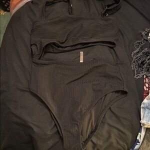 Shade & Shore Black Ribbed One-Piece Swimsuit